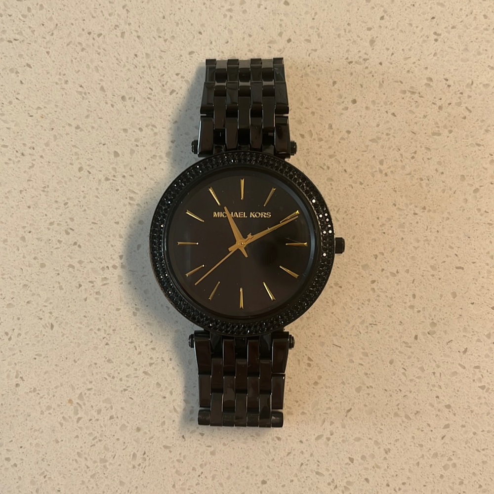 Michael Kors Black and Gold Watch with black rhinestone face